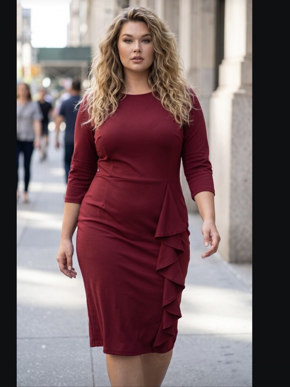 Deep Red Mid -Sleeve Ruffle Midi Dress